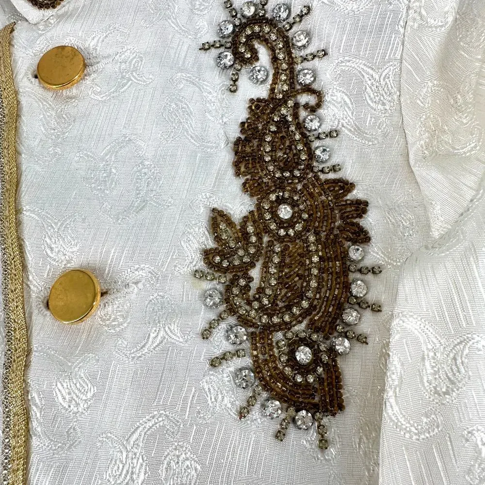 Boys White Sherwani Jacket Beaded Embroidery Gold Buttons 14